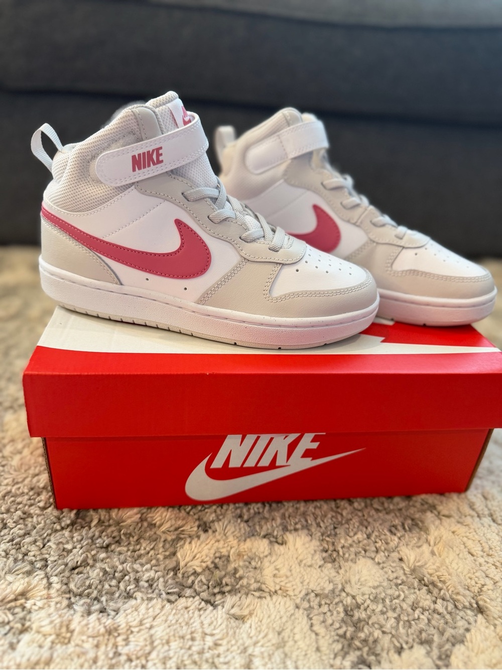 Nike Kids High-Top Sneakers in White and Pink